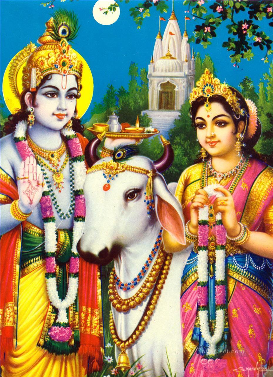 ラダ・クリシュナと羊のヒンドゥー教油絵